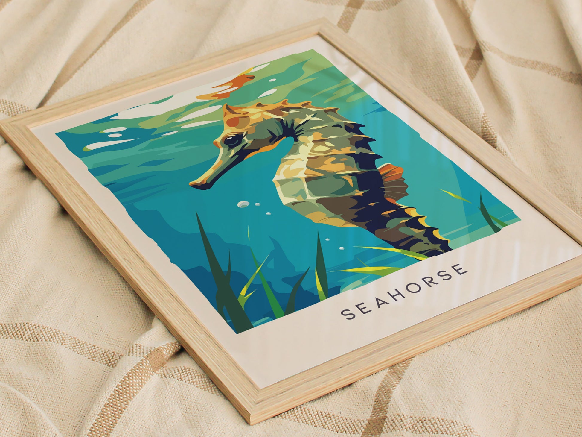 Seahorse Wildlife Poster | Graceful Ocean Dweller Fine Wall Art — styled in a modern interior