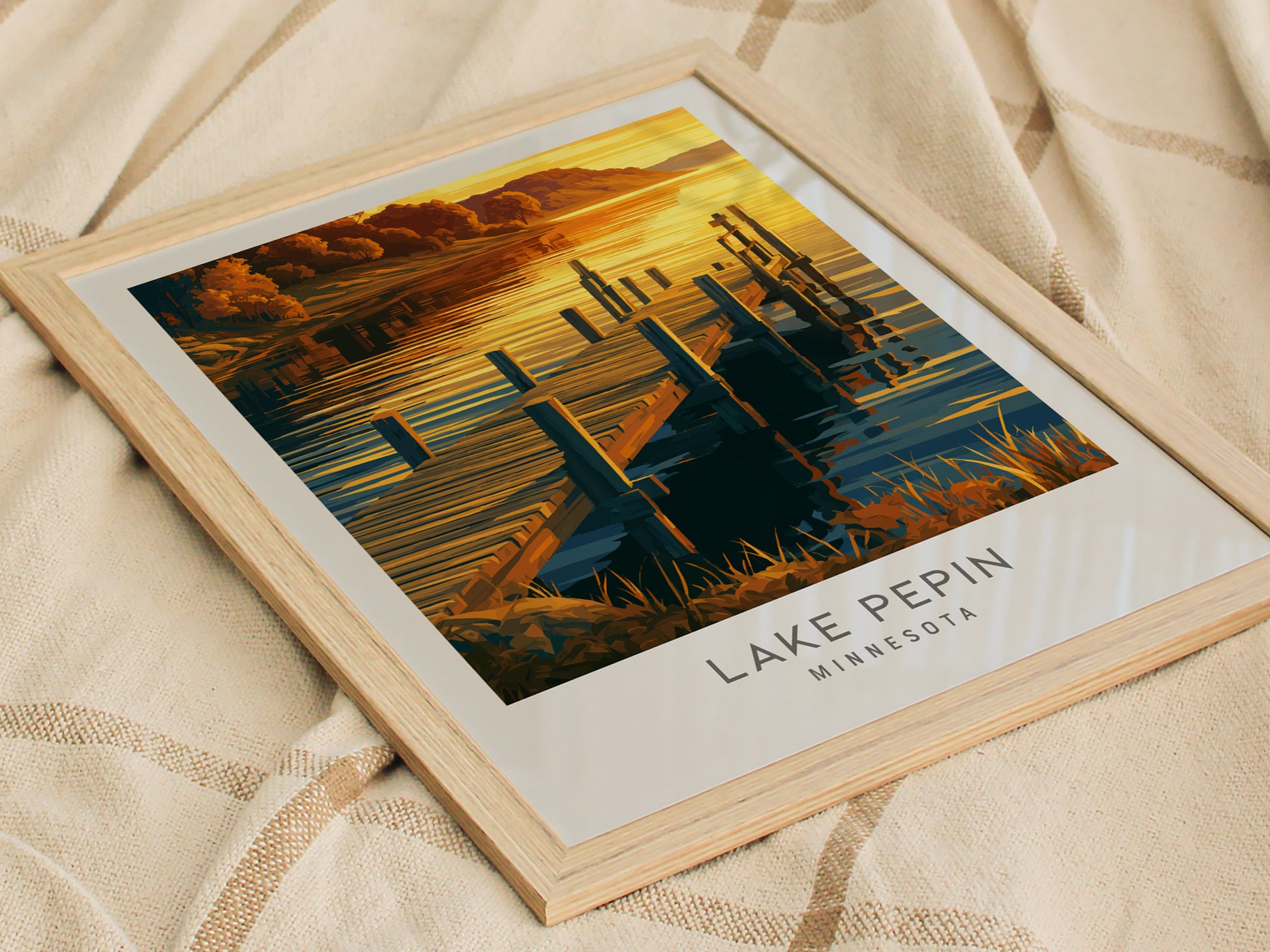Lake Pepin Matte Border Poster | Minnesota Destination Print Framed or Unframed — styled in a modern interior