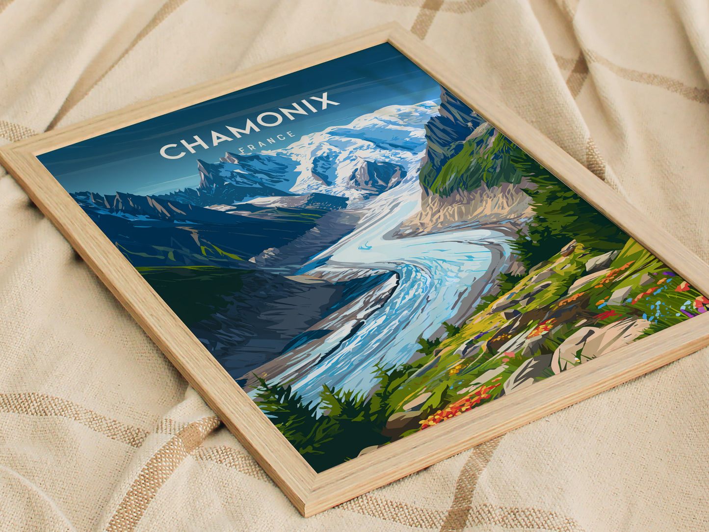 Chamonix, France Poster | Alpine Mountain Village Destination Print Wall Art — styled in a modern interior