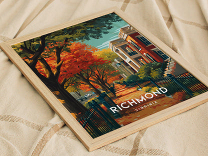 Richmond, Virginia Poster | Historic River City Skyline Travel Wall Art — styled in a modern interior