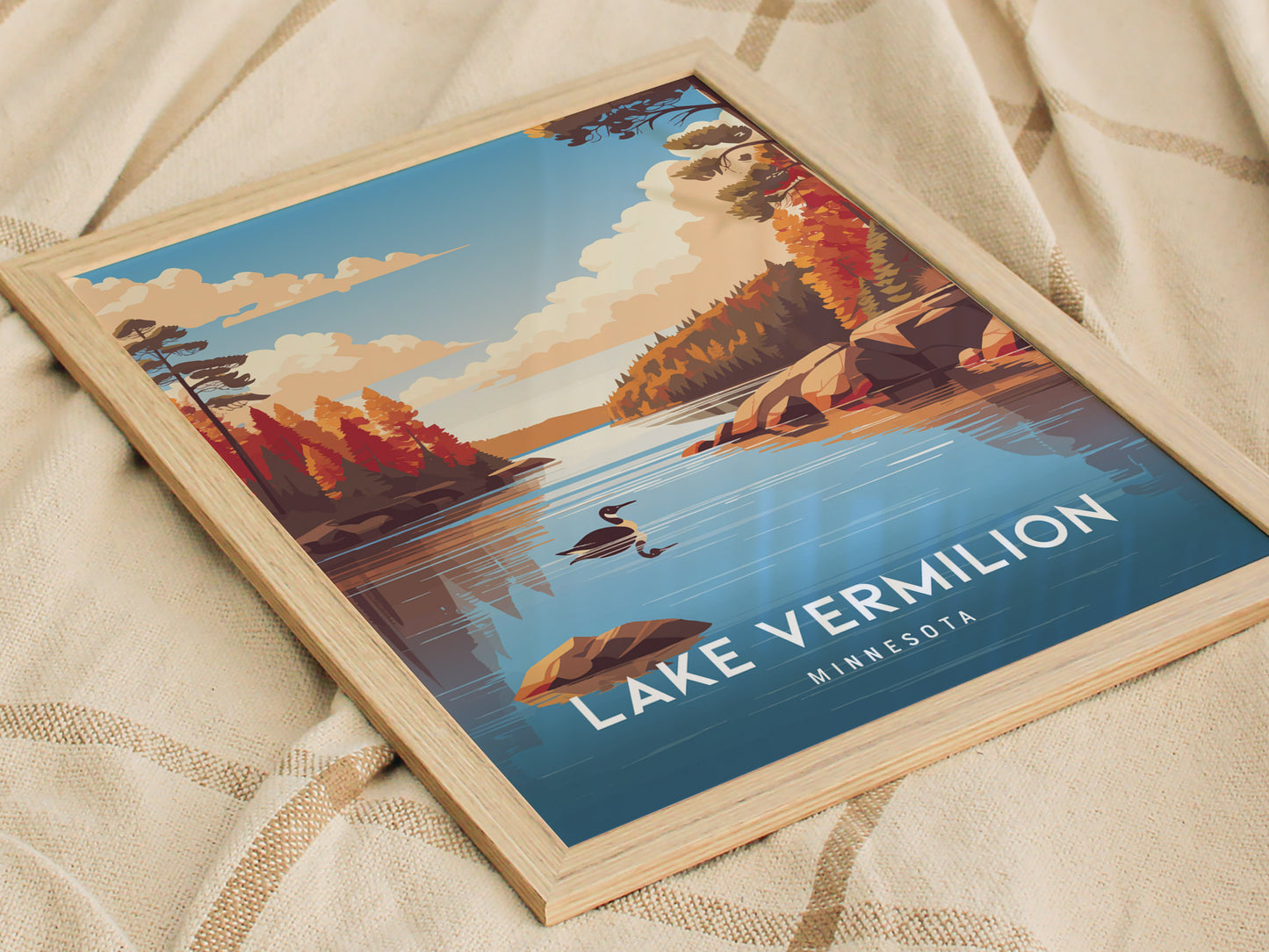 Lake Vermilion, Minnesota Poster | Northwoods Lake & Pine Forest Wall Art — styled in a modern interior