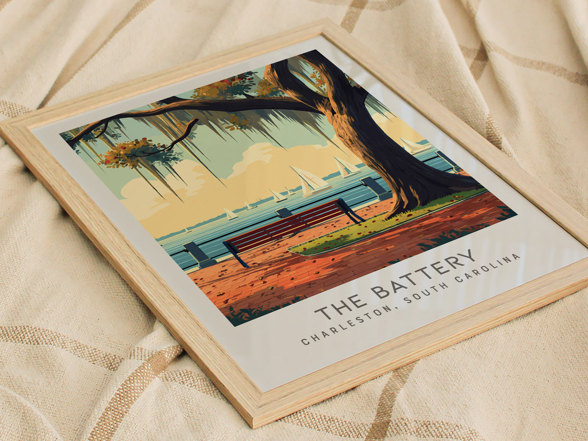 The Battery Matte Border Poster | Charleston, South Carolina Coastal Beach Decor — styled in a modern interior