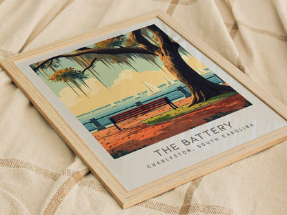 The Battery Matte Border Poster | Charleston, South Carolina Coastal Beach Decor — styled in a modern interior