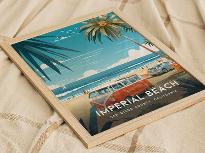 A framed poster featuring an illustration of Imperial Beach with palm trees, a beach scene, a vintage van, and the ocean. Text reads Imperial Beach, San Diego County, California.