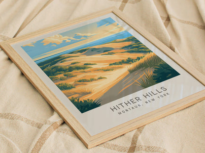 Hither Hills Matte Border Poster | Montauk, New York Travel Wall Art — styled in a modern interior