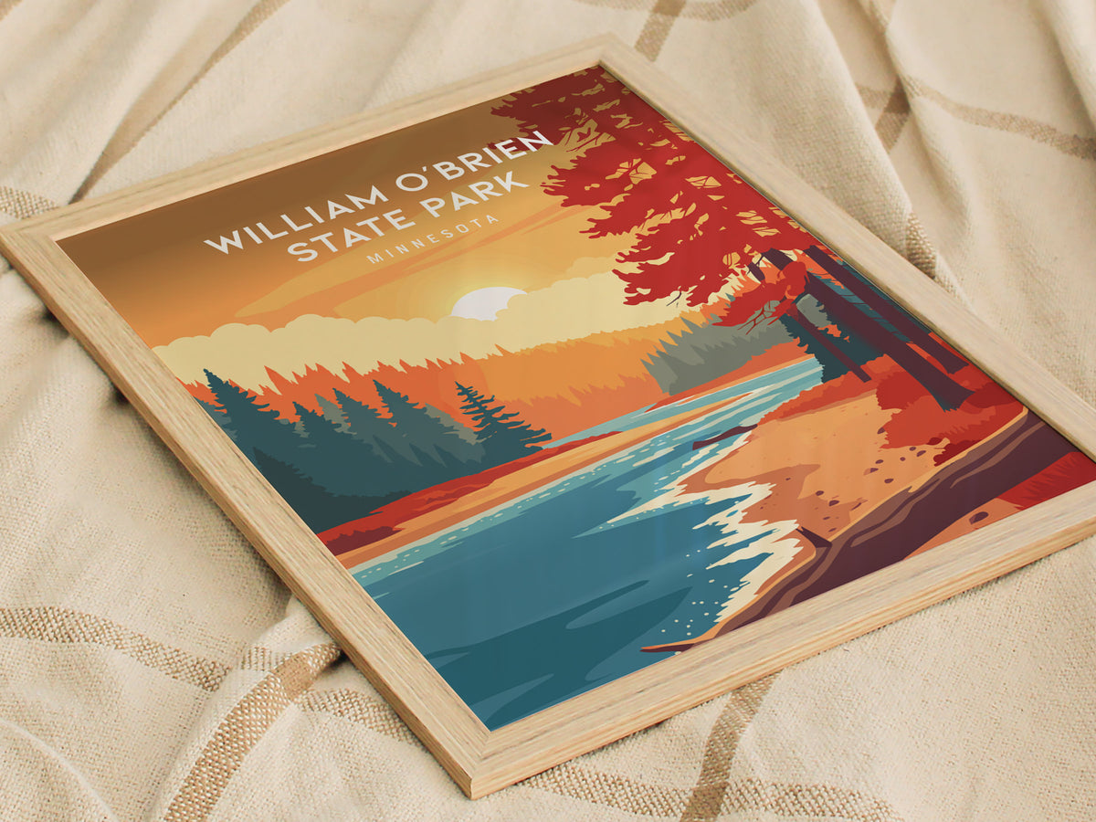William O'Brien State Park, Minnesota Poster | Riverside Forest Wilderness Destination Print Wall Art — styled in a modern in