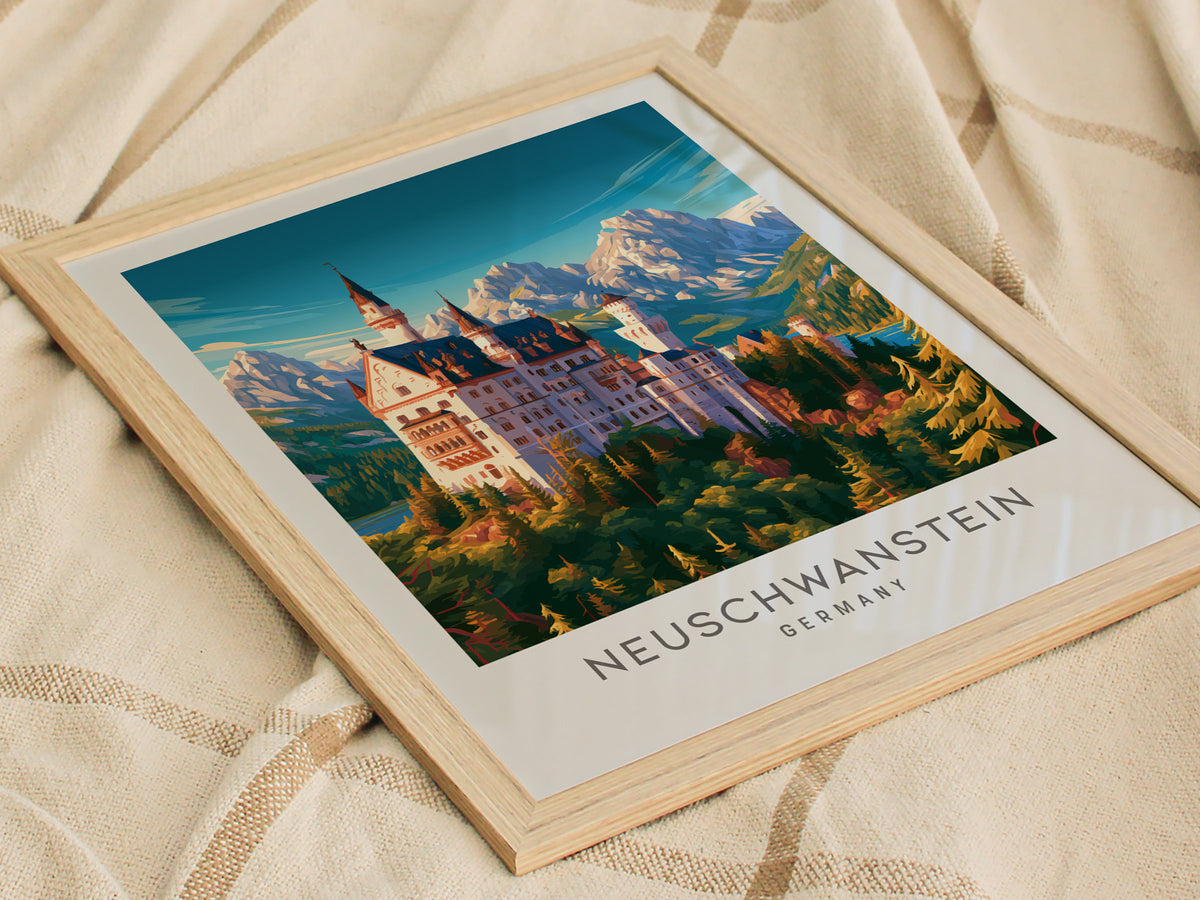 Neuschwanstein Matte Border Poster | Germany Destination Print Travel Wall Art — styled in a modern interior