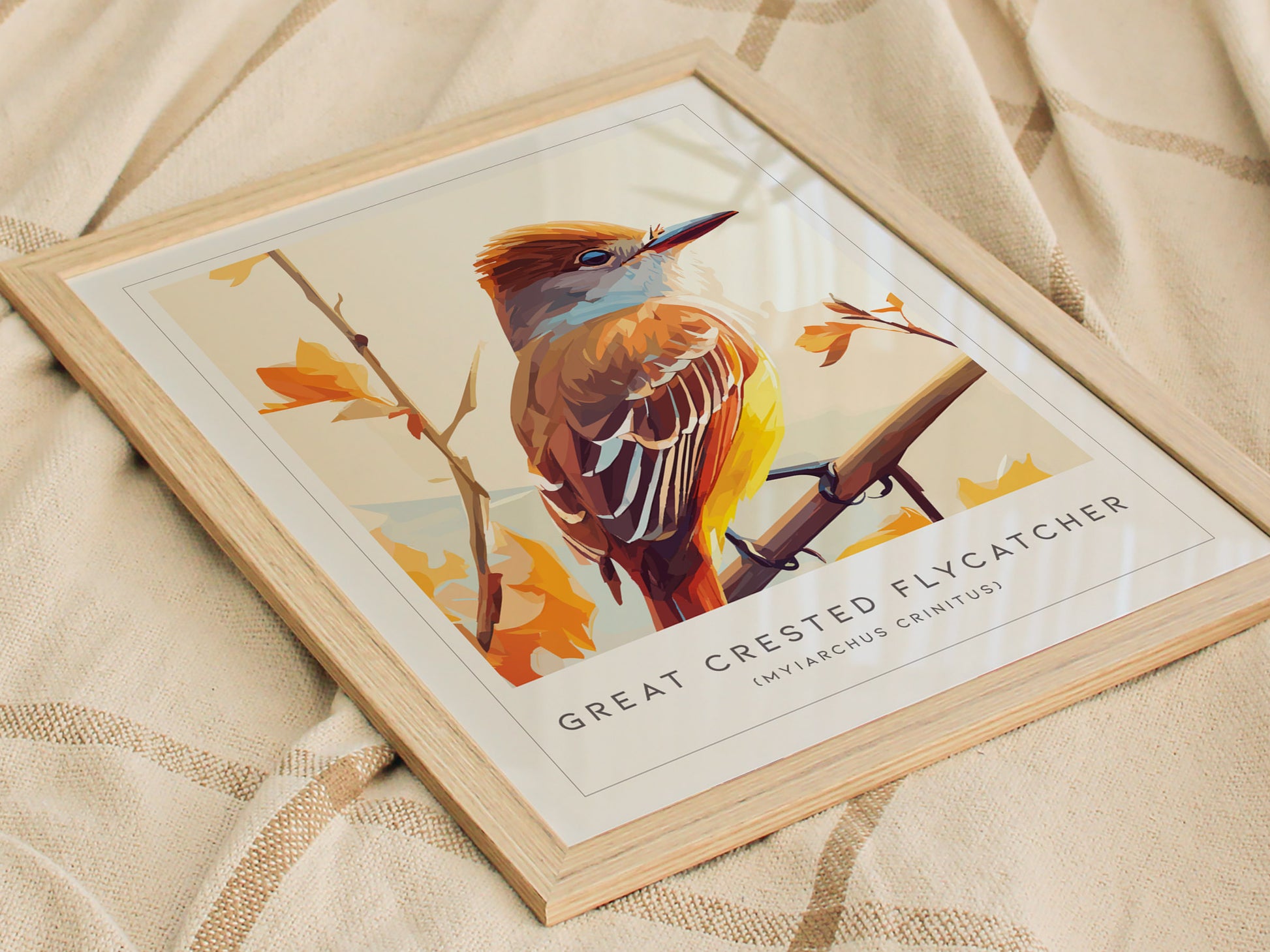 Great Crested Flycatcher Poster | Woodland Songbird Nature Wall Art — styled in a modern interior