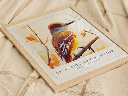Great Crested Flycatcher Poster | Woodland Songbird Nature Wall Art — styled in a modern interior