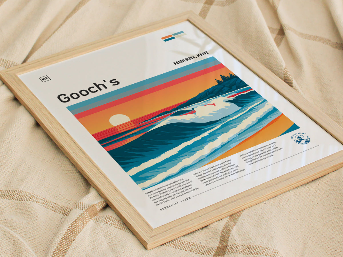 Gooch's Beach, Kennebunk, Maine Poster | Rocky Shore & Rolling Waves Wall Art — styled in a modern interior