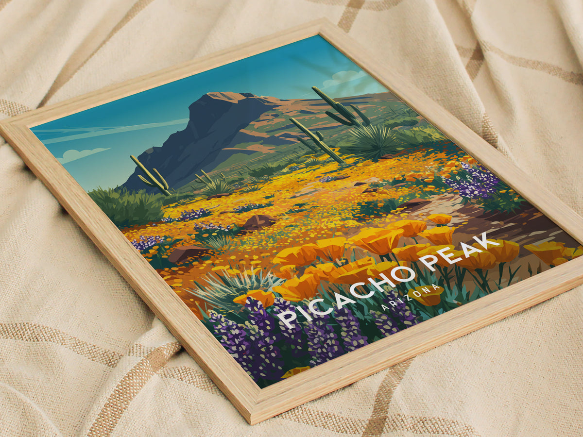 Picacho Peak, Arizona Poster | Desert Wildflower Destination Print Wall Art — styled in a modern interior