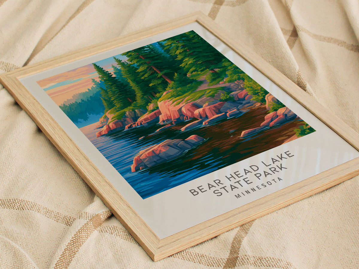 Bear Head Lake State Park Matte Border Poster | Minnesota Destination Print Travel Wall Art — styled in a modern interior