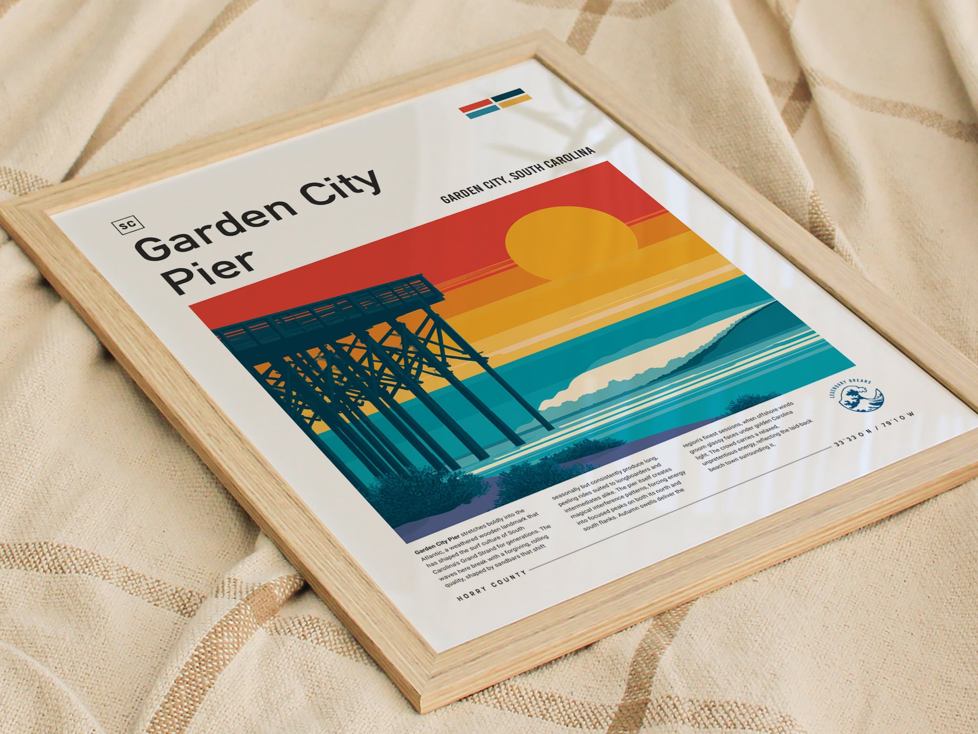 Garden City Pier, Garden City, South Carolina Poster | Surf Waves & Coastal Pier Wall Art — styled in a modern interior