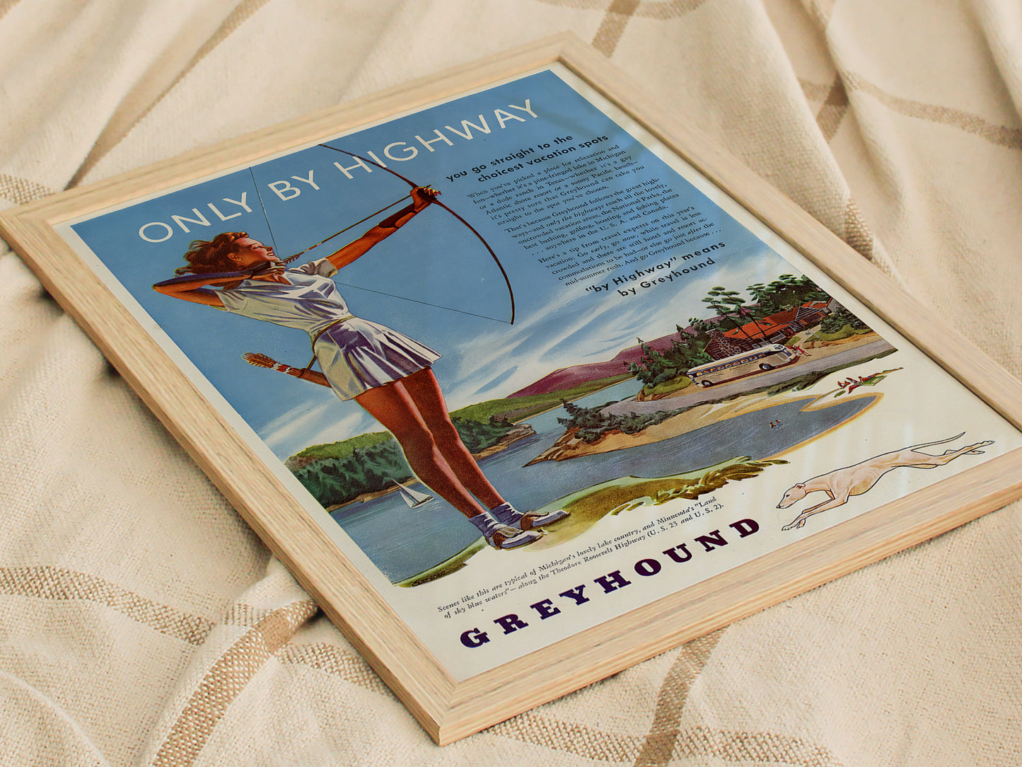 Vintage Greyhound Bus Travel Poster – Retro Highway Ad Print, 1900s Americana Art, Available Framed/Unframed, Mid-Century Wall Decor