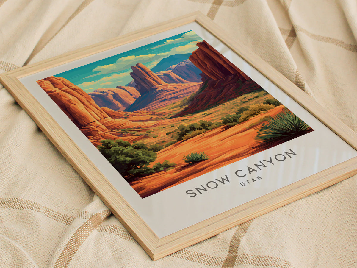 Snow Canyon Matte Border Poster | Utah Travel Wall Art — styled in a modern interior