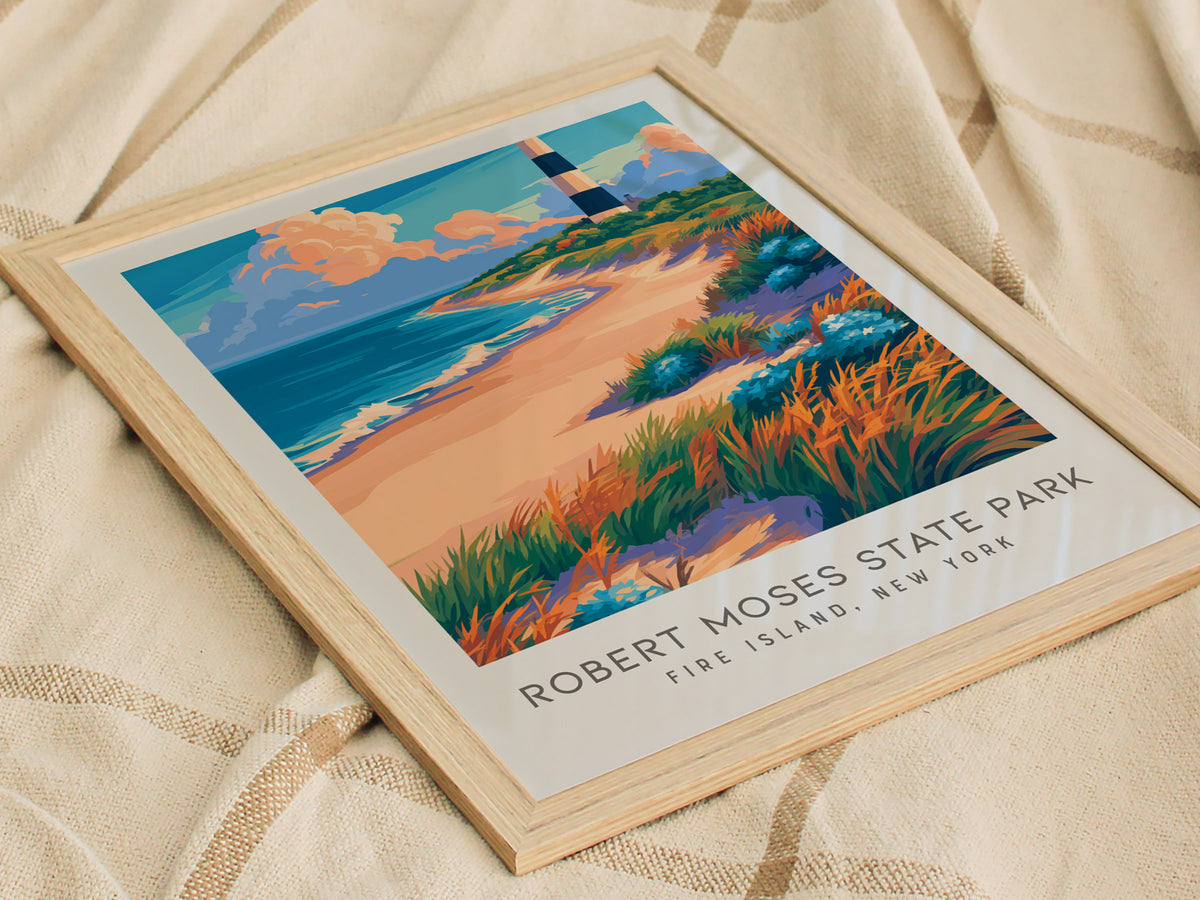 Robert Moses State Park Matte Border Poster | Fire Island, New York Beach House Decor — styled in a modern interior