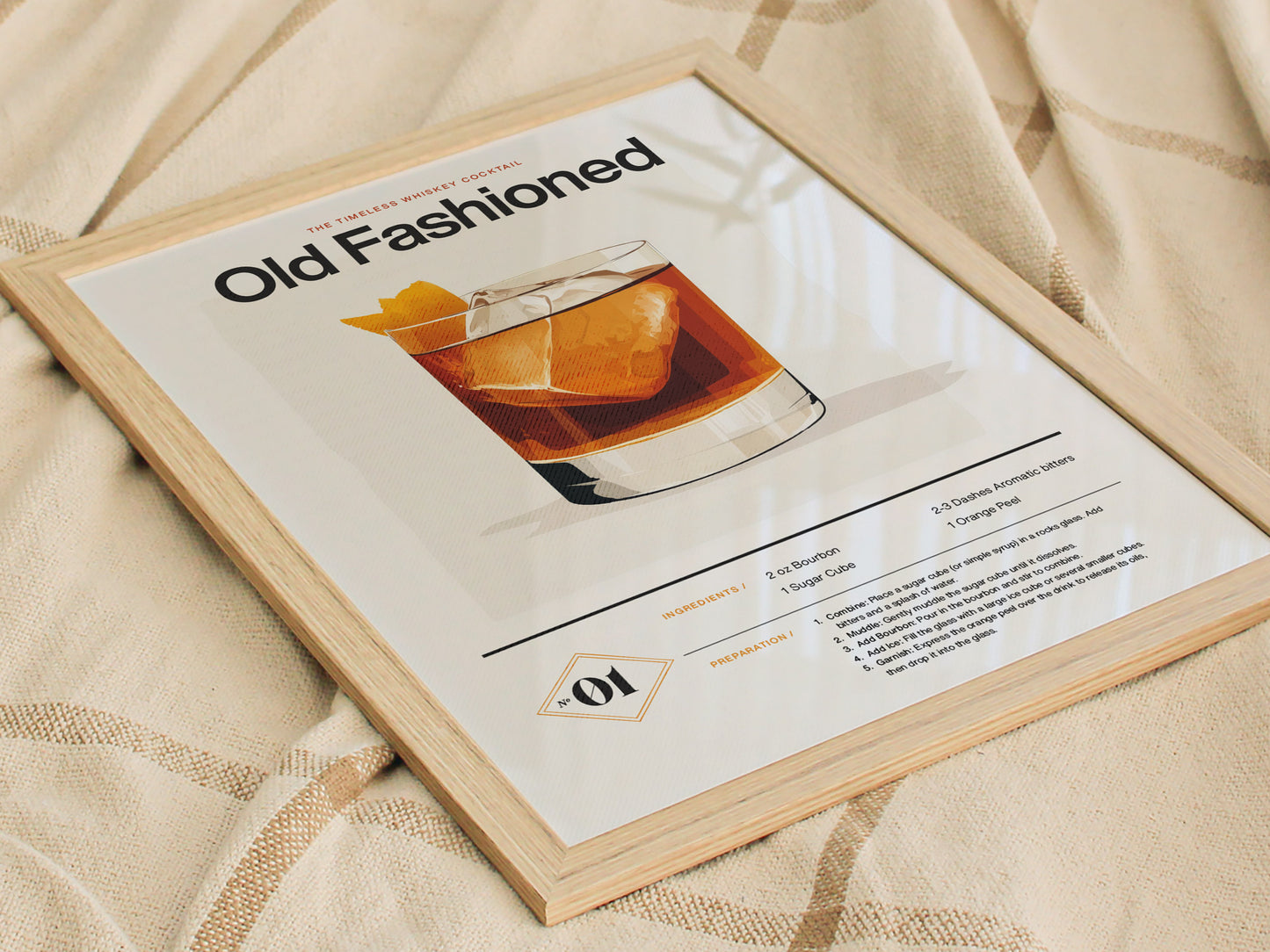 Framed Old Fashioned cocktail poster with a recipe and illustration of the drink, placed on a beige textured fabric. Includes ingredients and preparation steps in a modern design.