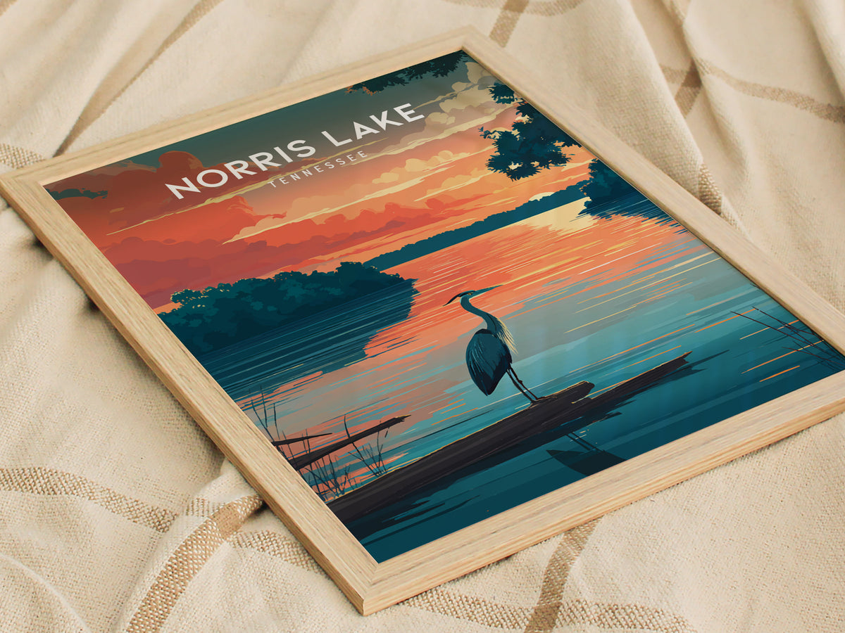 Norris Lake, Tennessee Poster | Lakeside Mountain Retreat Destination Print Wall Art — styled in a modern interior