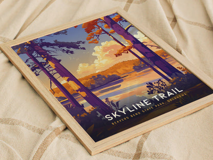 Framed artwork depicting a scenic view of Beavers Bend State Park with vibrant purple trees and a serene lake under a colorful sky, titled Skyline Trail.