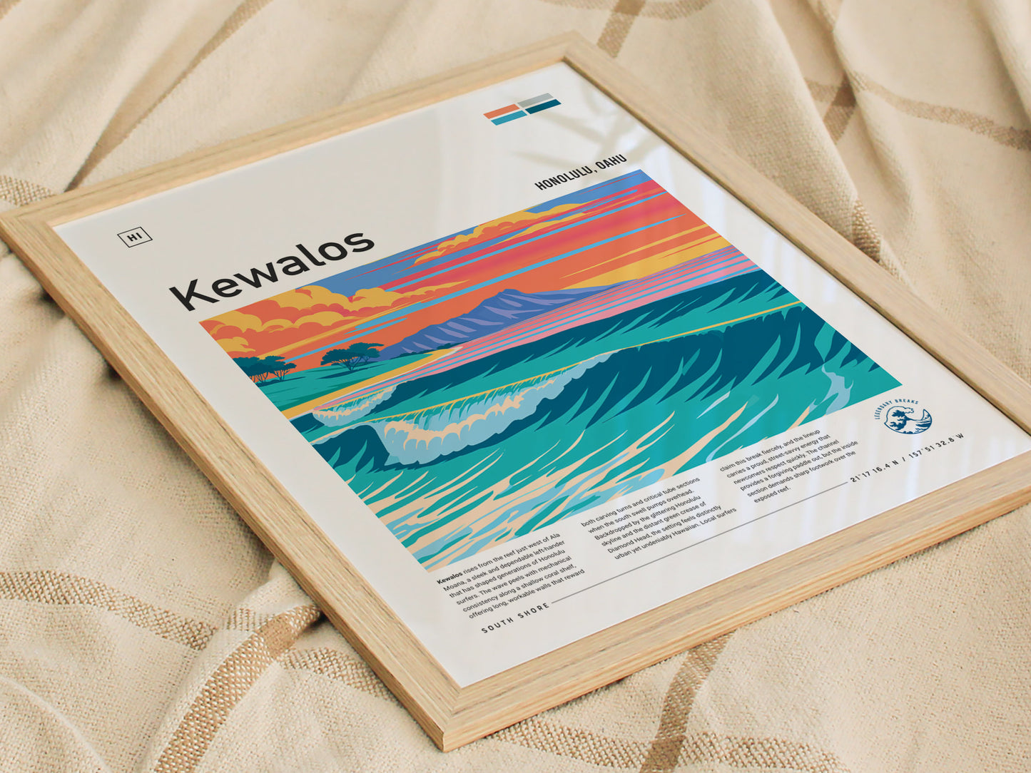 Kewalos, Hawaii Poster | Golden Surf & Diamond Head Wall Art — styled in a modern interior