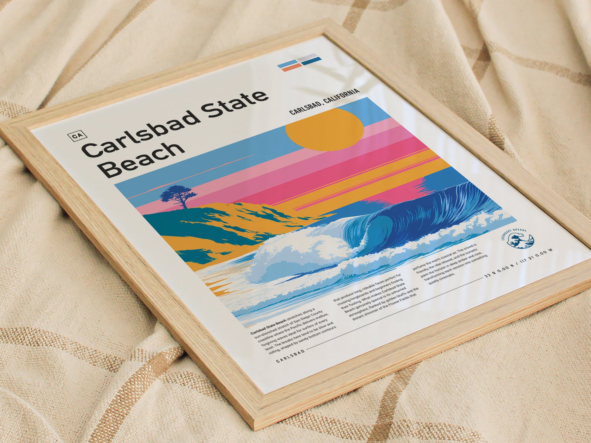 Carlsbad State Beach, California Poster | Golden Cliffs & Surf Coastline Wall Art — styled in a modern interior