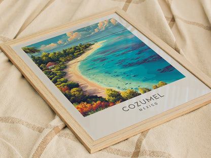 Cozumel Matte Border Poster | Mexico Coastal Beach Decor Vacation Wall Art — styled in a modern interior