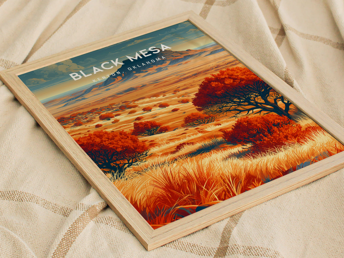 Black Mesa, Kenton, Oklahoma Poster | Western Prairie Adventure Wall Art — styled in a modern interior
