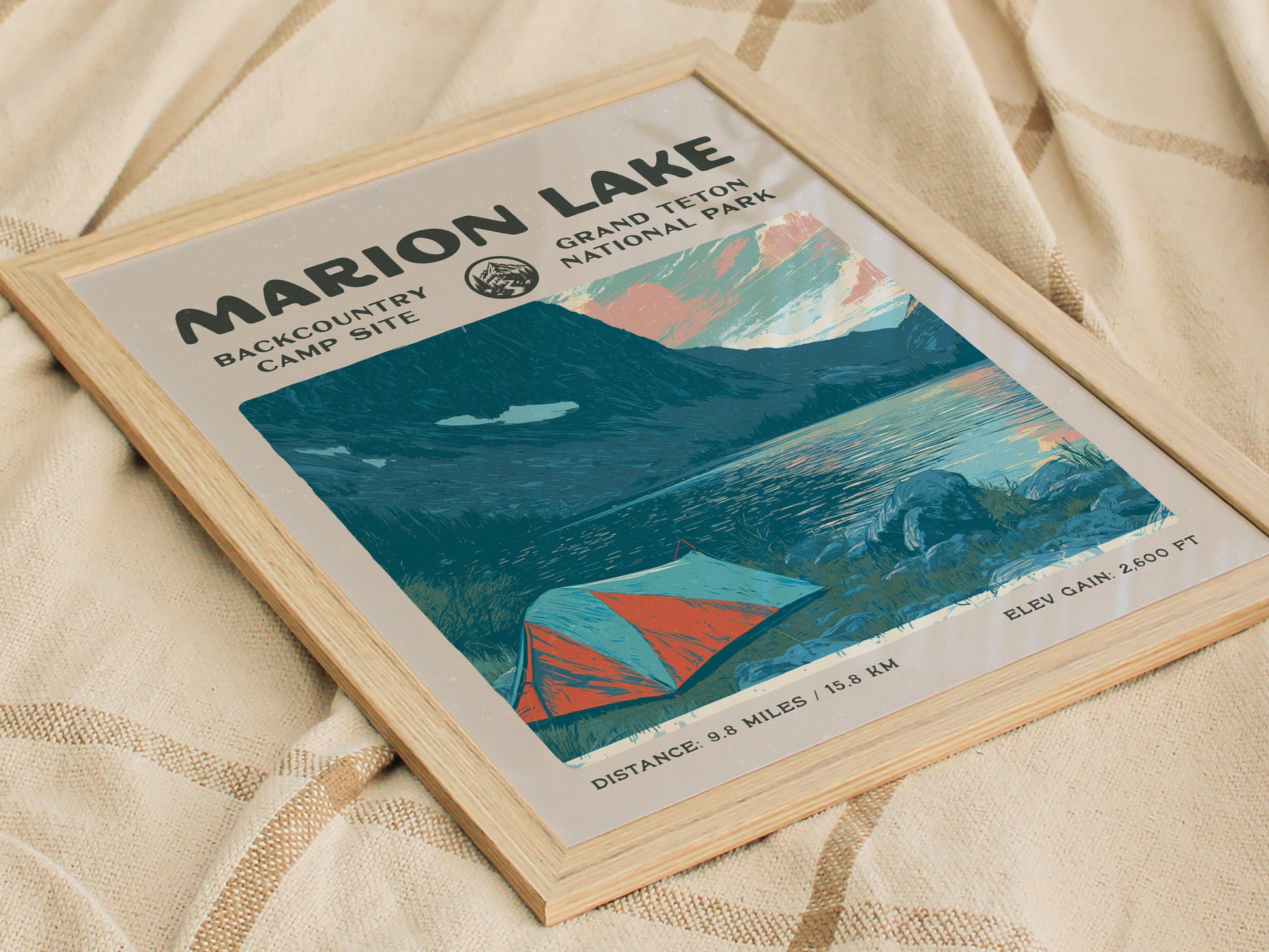 Marion Lake, Grand Teton Poster | Hiker Gift | Alpine Wilderness Backcountry Wall Art — styled in a modern interior