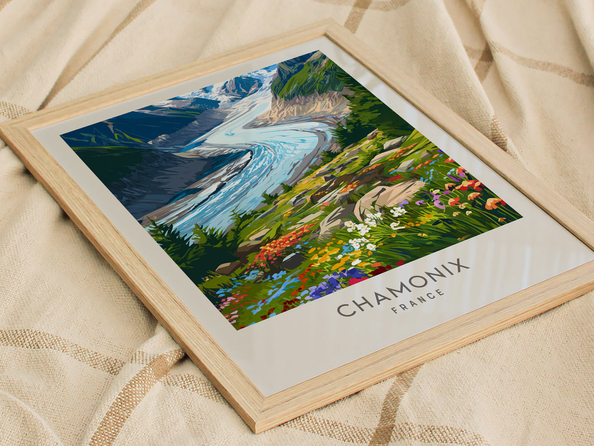 Chamonix Matte Border Poster | France Alpine Travel Wall Art — styled in a modern interior