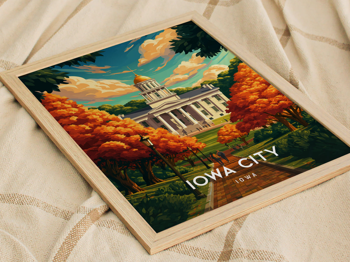 Iowa City, Iowa Poster | Heartland Campus & River Charm Travel Wall Art — styled in a modern interior