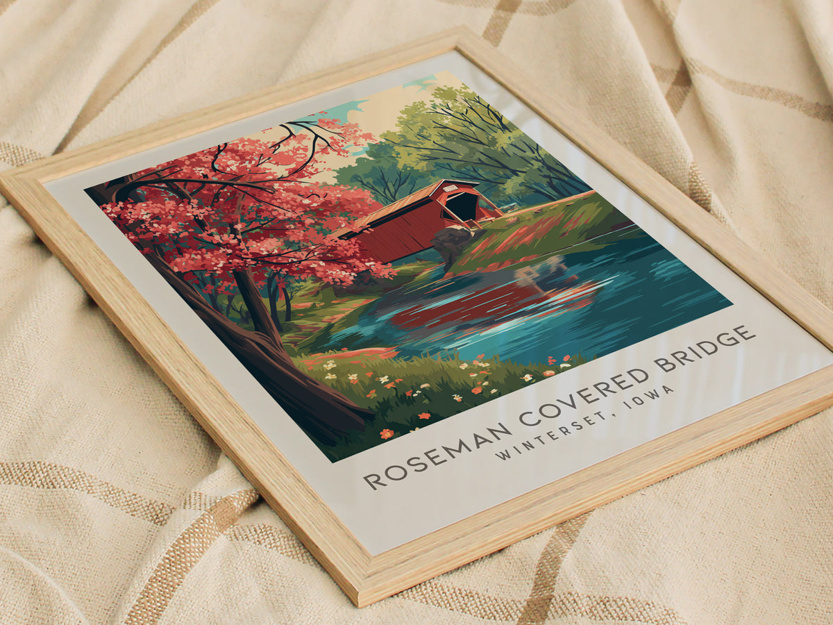 Roseman Covered Bridge Matte Border Poster | Winterset, Iowa Destination Print Travel Wall Art — styled in a modern interior