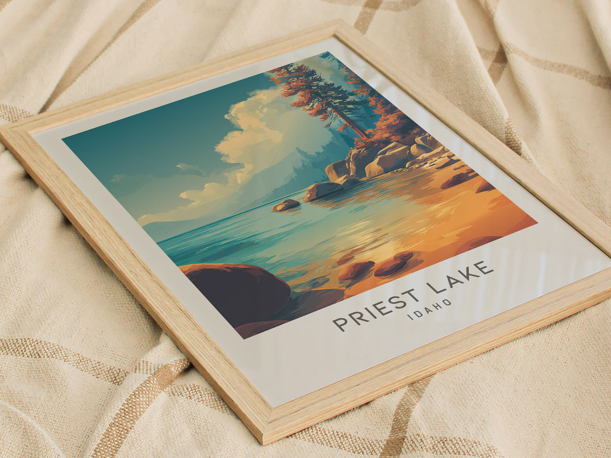 Priest Lake Matte Border Poster | Idaho Destination Print Travel Wall Art — styled in a modern interior