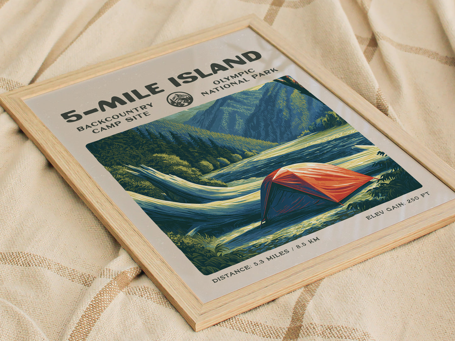 5-Mile Island, Olympic National Park Poster | Hiker Gift | Rainforest River Backcountry Wall Art — styled in a modern interio