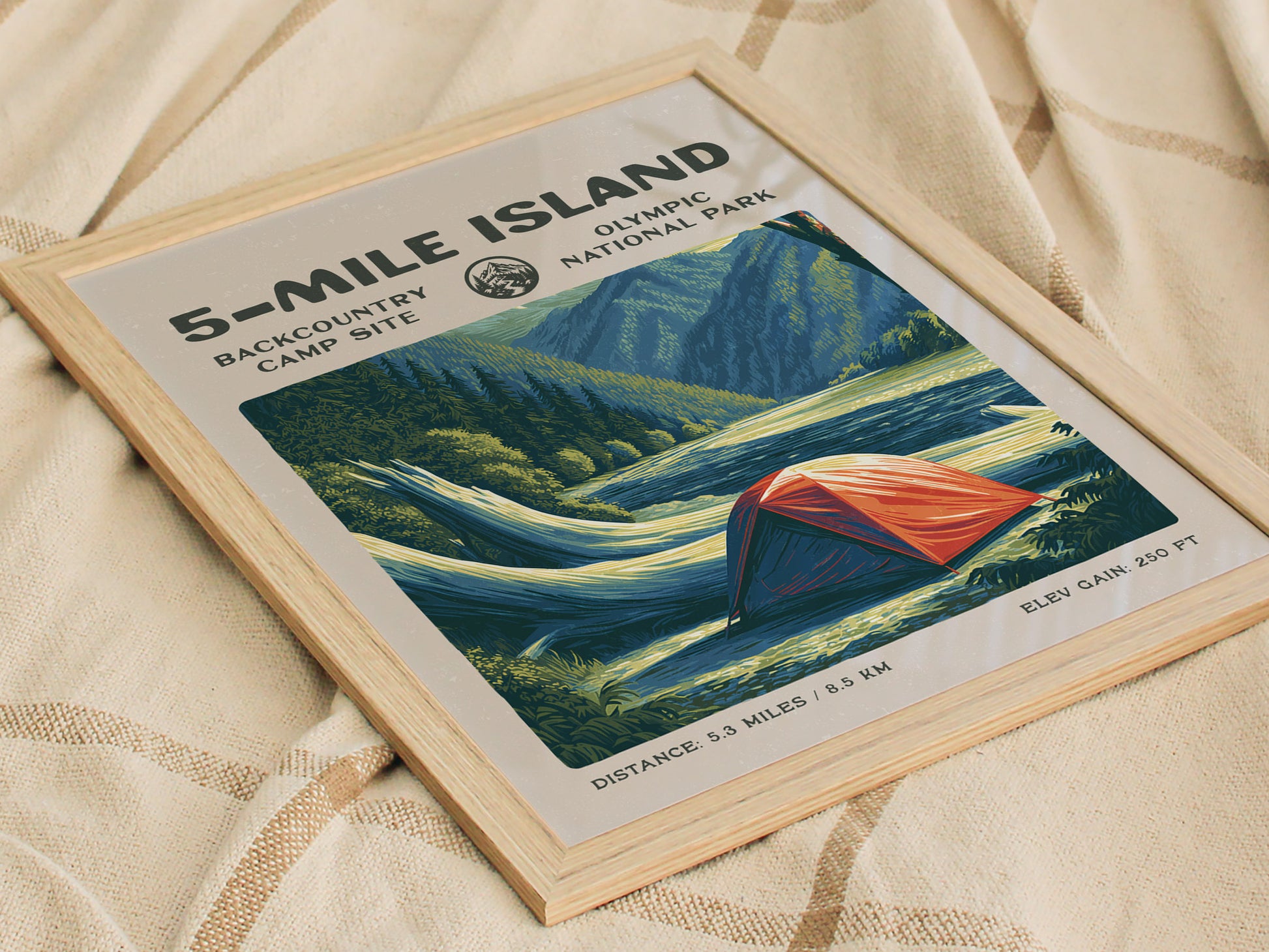 5-Mile Island, Olympic National Park Poster | Hiker Gift | Rainforest River Backcountry Wall Art — styled in a modern interio