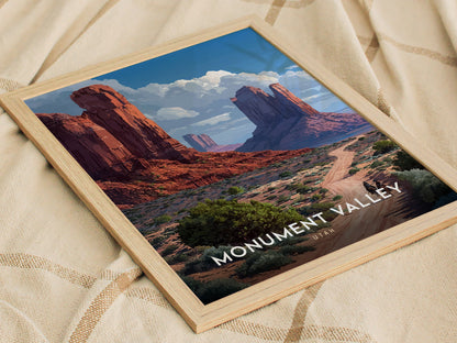 Framed poster of Monument Valley features red sandstone mesas, a winding dirt path, and the iconic Mitten Buttes under a blue sky, placed on a textured fabric surface.