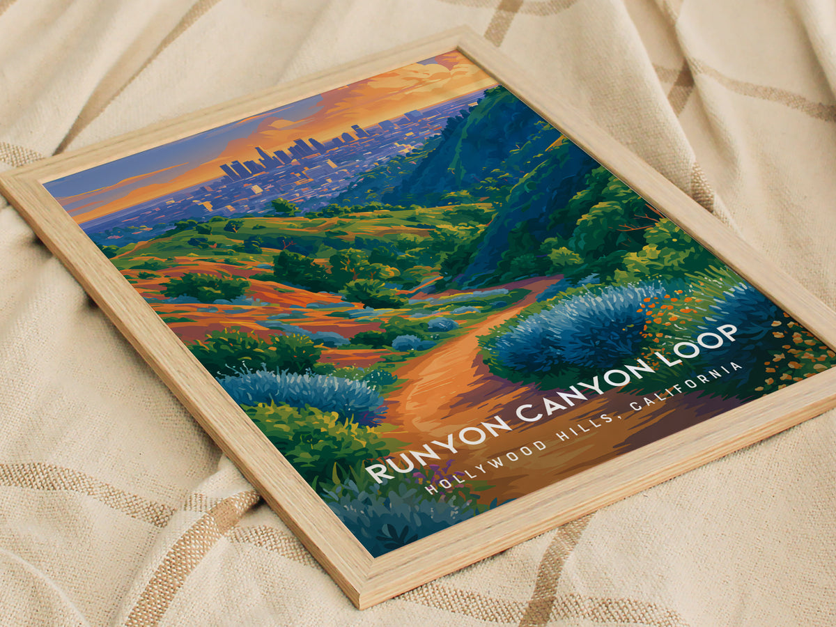 Runyon Canyon Loop, Hollywood Hills, California Poster | Hiking Trail & City Skyline Wall Art — styled in a modern interior