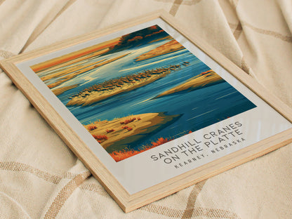 Sandhill Cranes on the Platte Matte Border Poster | Kearney, Nebraska Destination Print — styled in a modern interior