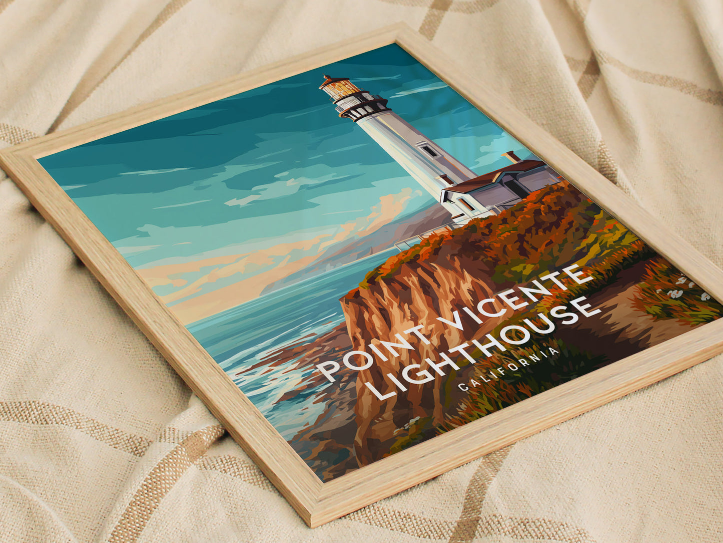 Point Vicente Lighthouse, California Poster | Pacific Cliffs & Beacon Wall Art — styled in a modern interior