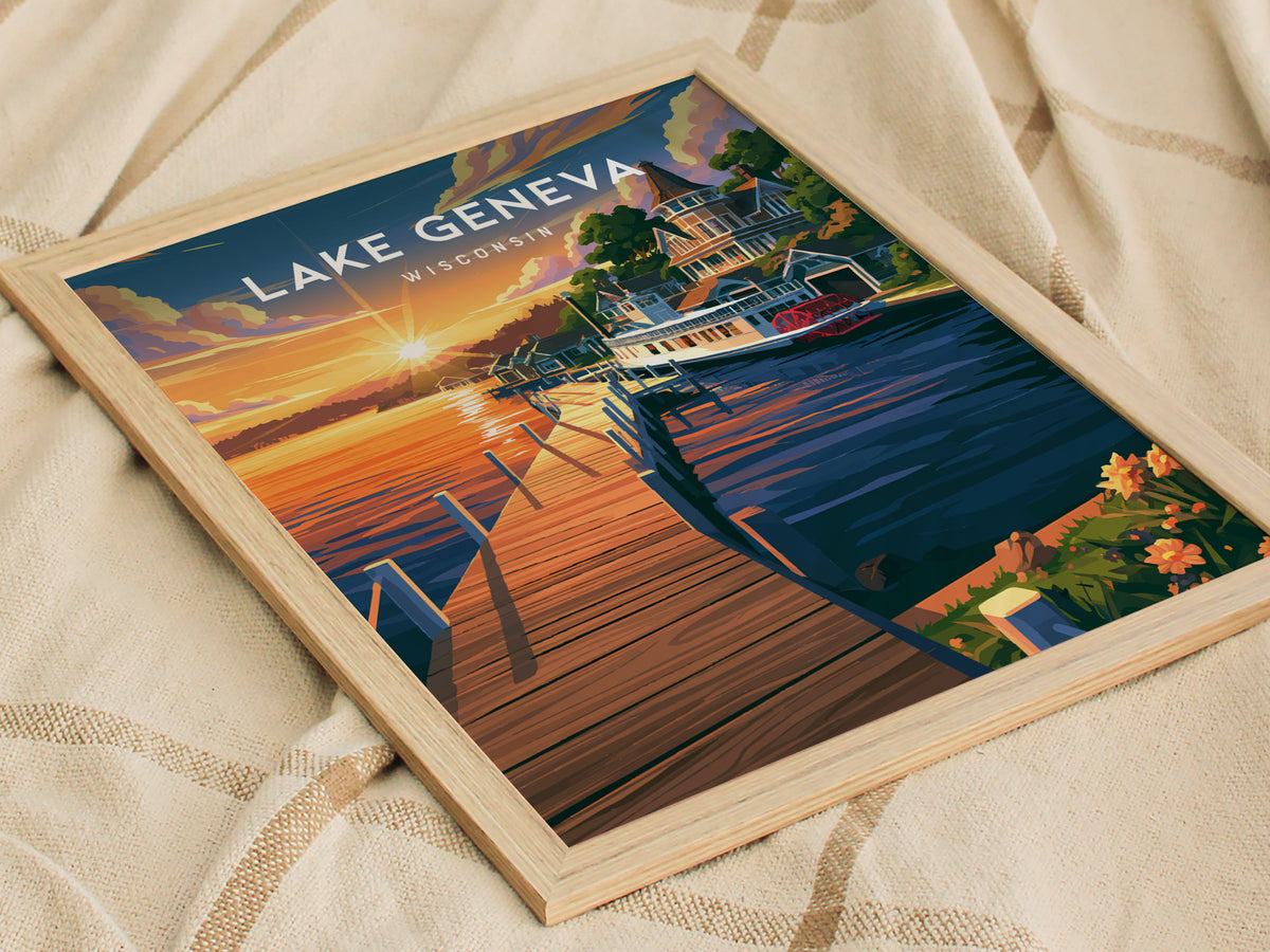 Lake Geneva, Wisconsin Poster | Lakeside Charm Destination Print Wall Art — styled in a modern interior