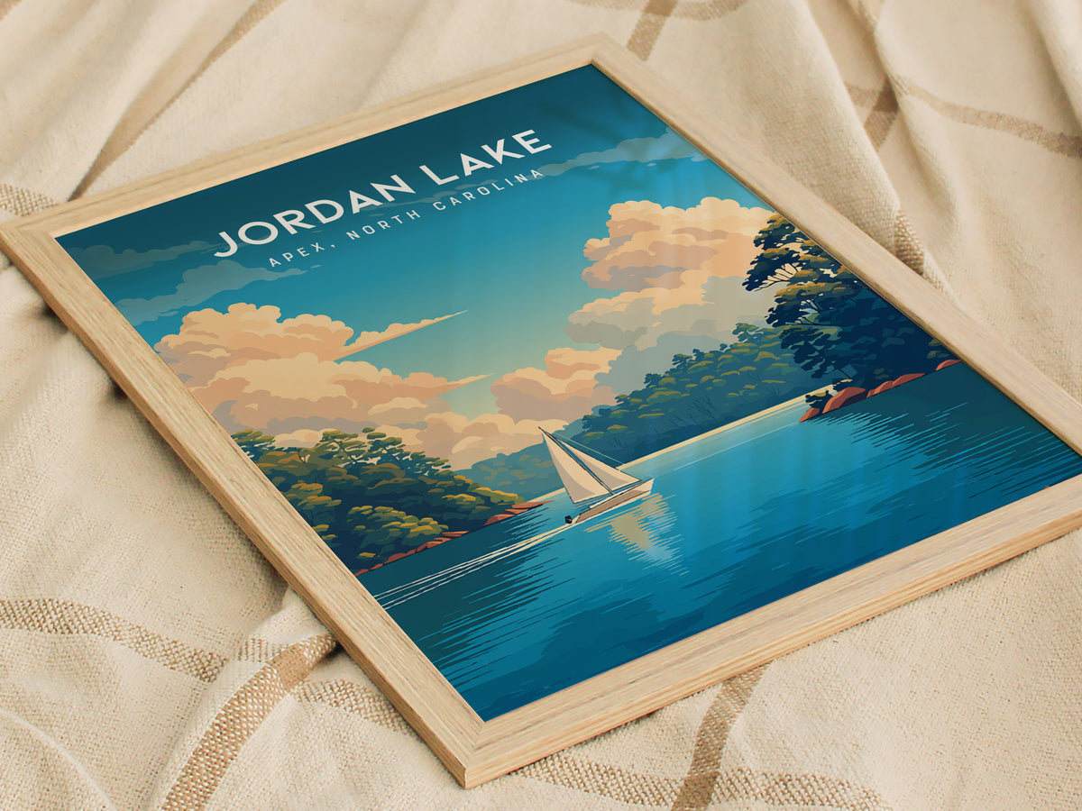 Jordan Lake, Apex, North Carolina Poster | Lakeside Serenity Travel Wall Art — styled in a modern interior