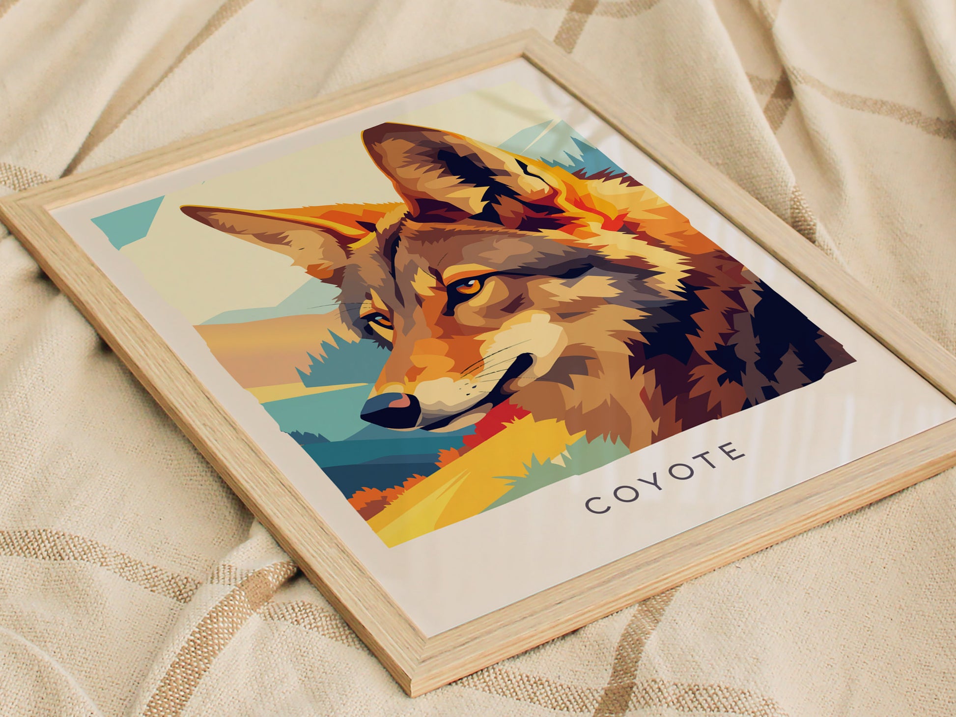 Coyote Poster | Wild Spirit of the Open West Wall Art — styled in a modern interior
