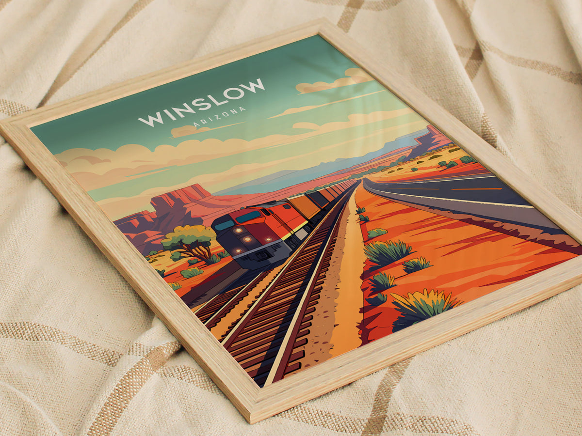 Winslow, Arizona Poster | Route 66 Desert Destination Print Wall Art — styled in a modern interior