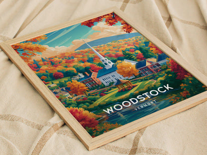 Woodstock, Vermont Poster | New England Covered Bridge Vacation Wall Art — styled in a modern interior