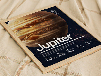 Framed poster of Jupiter on a textured fabric background, showcasing the planets swirling clouds and Great Red Spot, with text displaying astronomical details and the word Jupiter prominently.