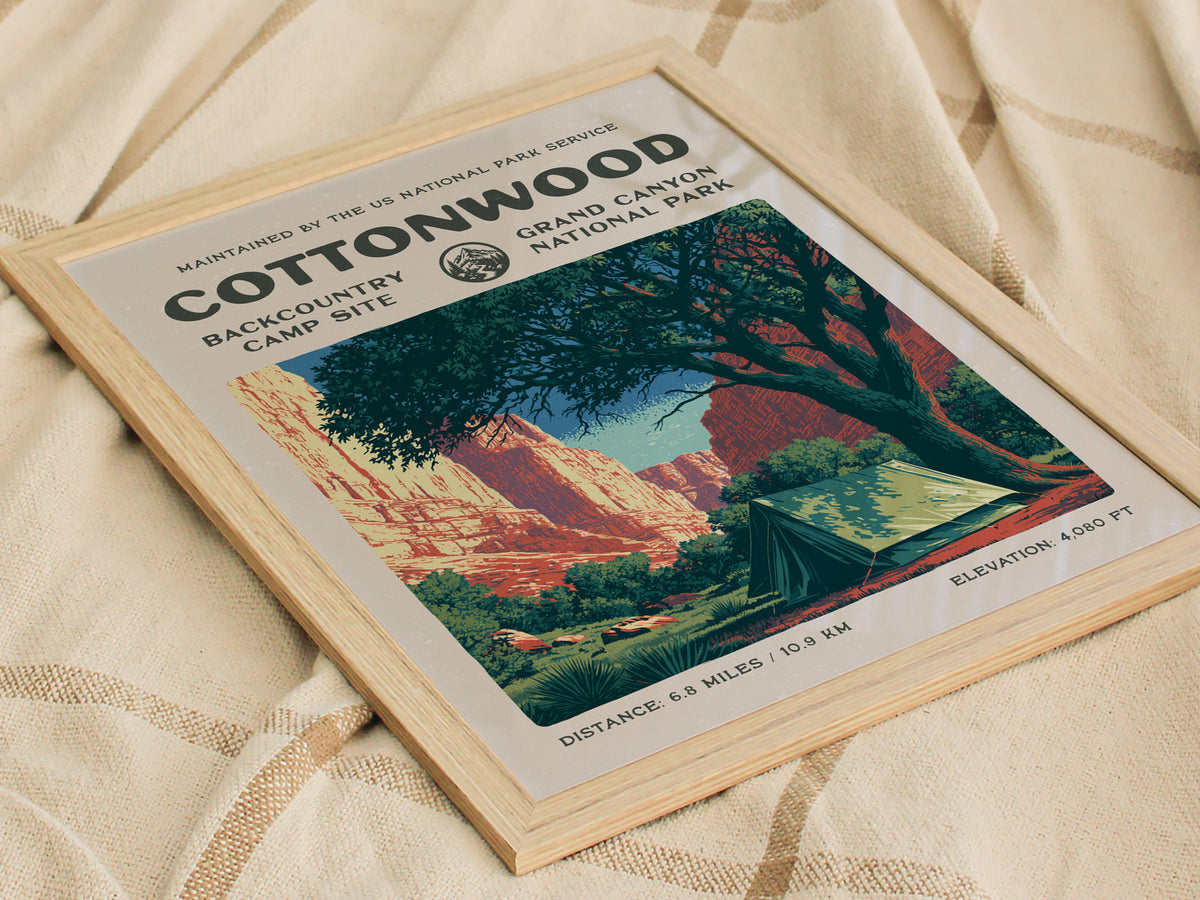 Cottonwood Camp, Grand Canyon National Park Poster | Camper Gift | Backcountry Canyon Trail Wall Art — styled in a modern int