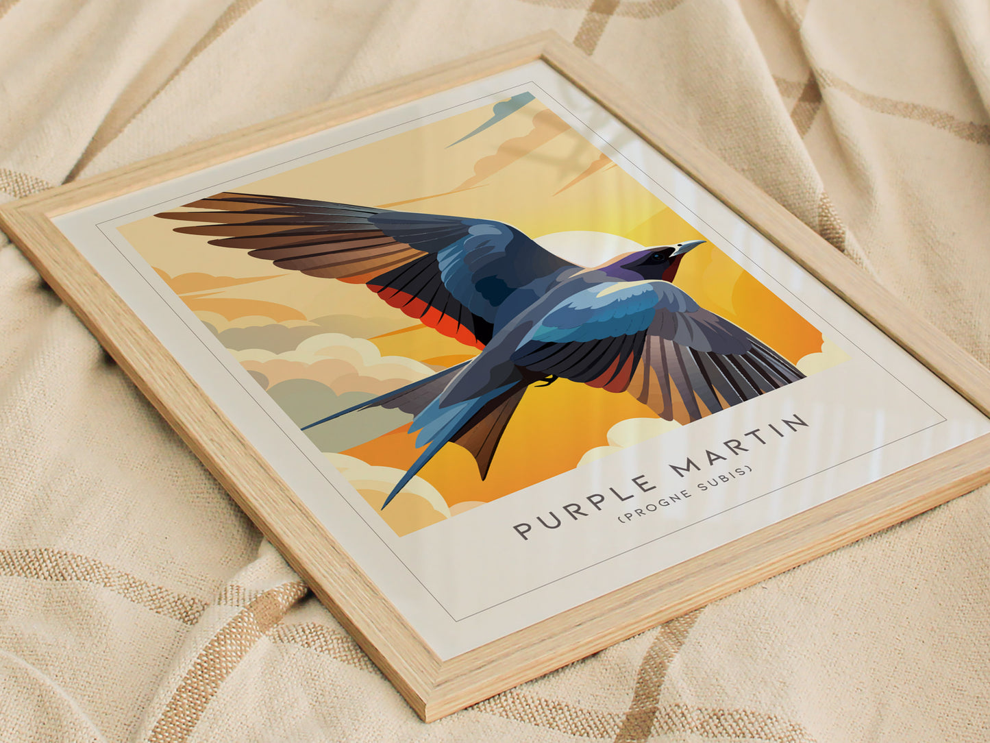 Purple Martin Poster | Graceful Songbird in Golden Light Wall Art — styled in a modern interior