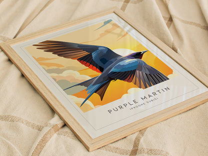 Purple Martin Poster | Graceful Songbird in Golden Light Wall Art — styled in a modern interior