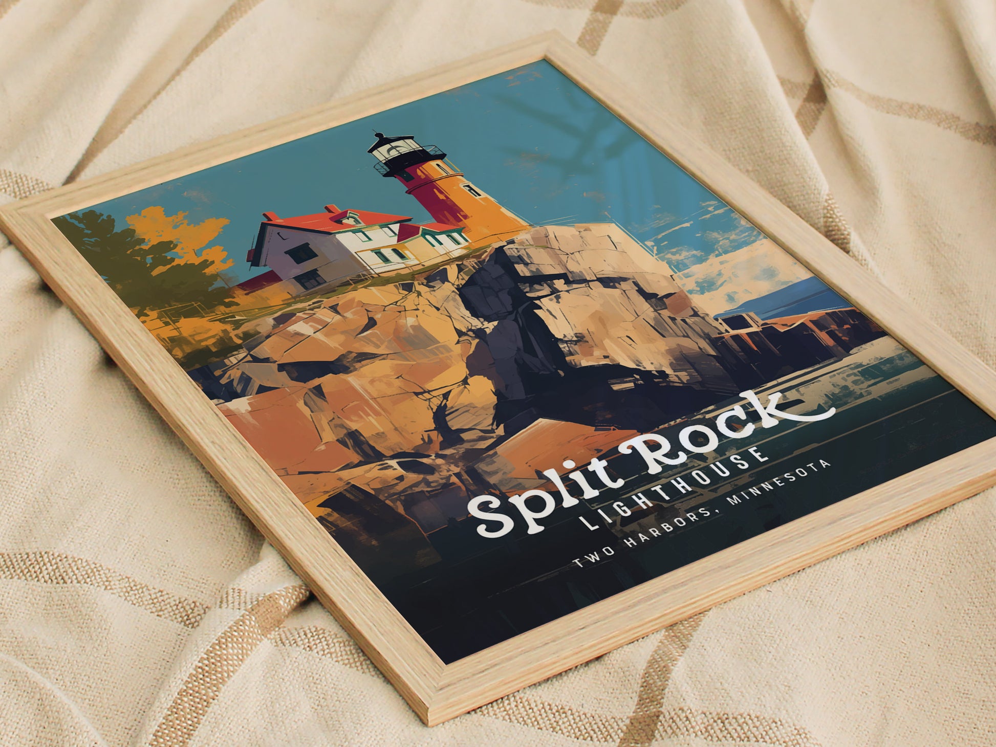 Framed artwork of Split Rock Lighthouse on a rocky cliff, featuring vibrant colors and bold text reading Split Rock Lighthouse, Two Harbors, Minnesota, resting on a textured fabric background.