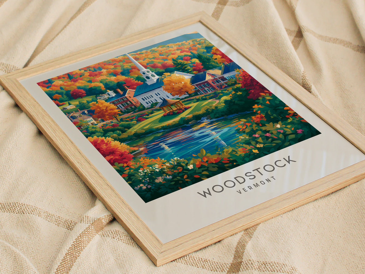 Woodstock Matte Border Poster | Vermont Travel Gift Framed or Unframed — styled in a modern interior