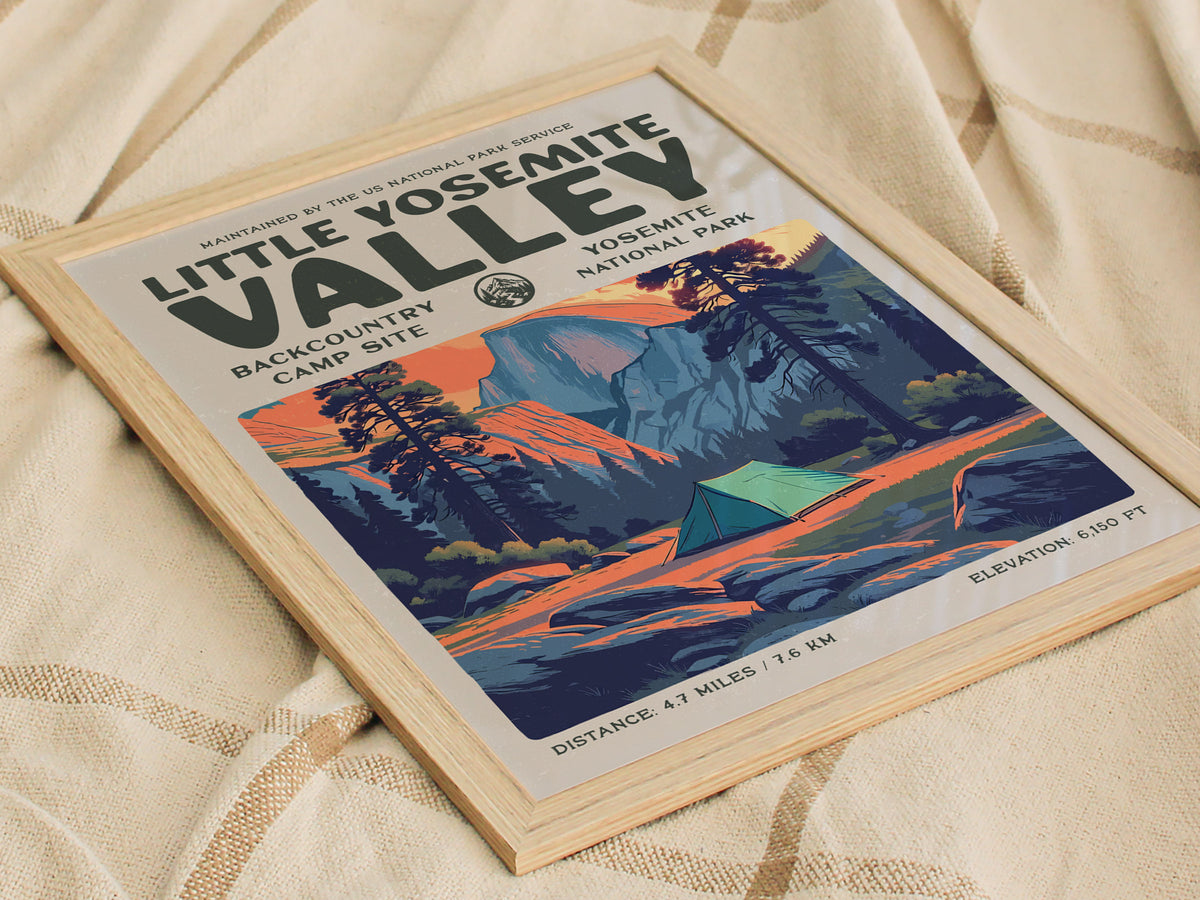 Little Yosemite Valley, Yosemite National Park Poster | Hiker Gift | Backcountry Trail Wall Art — styled in a modern interior